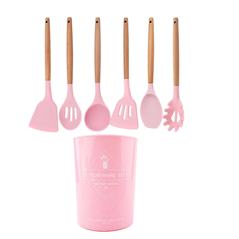 Silicone Kitchenware Cooking Utensils Set Non-stick Cookware Spatula Shovel Egg Beaters Wooden Handle Kitchen Cooking Tool Set