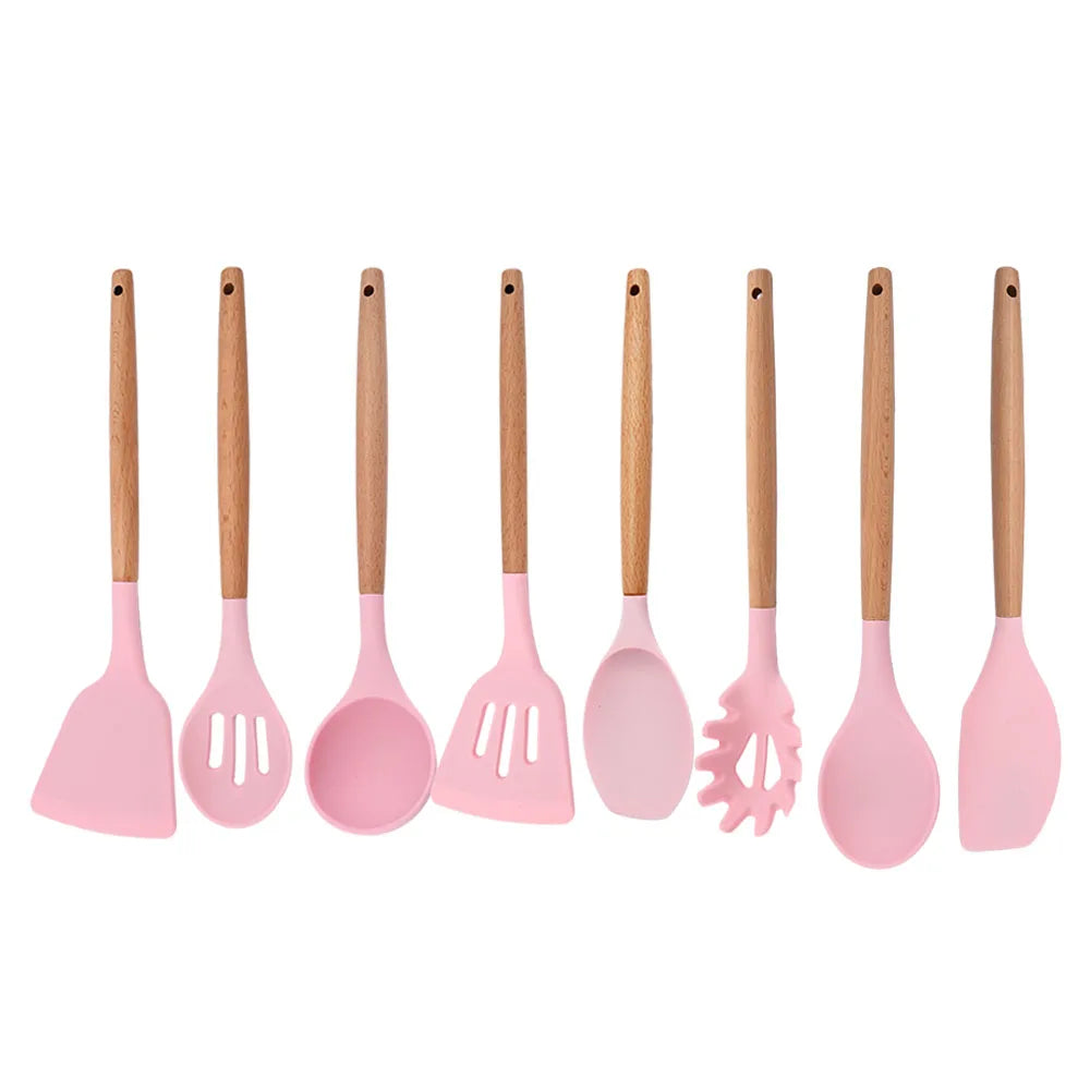 Silicone Kitchenware Cooking Utensils Set Non-stick Cookware Spatula Shovel Egg Beaters Wooden Handle Kitchen Cooking Tool Set