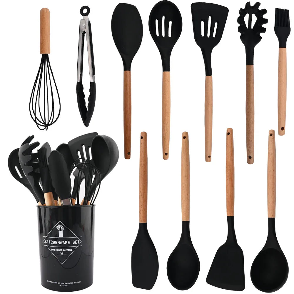 Silicone Kitchenware Cooking Utensils Set Non-stick Cookware Spatula Shovel Egg Beaters Wooden Handle Kitchen Cooking Tool Set
