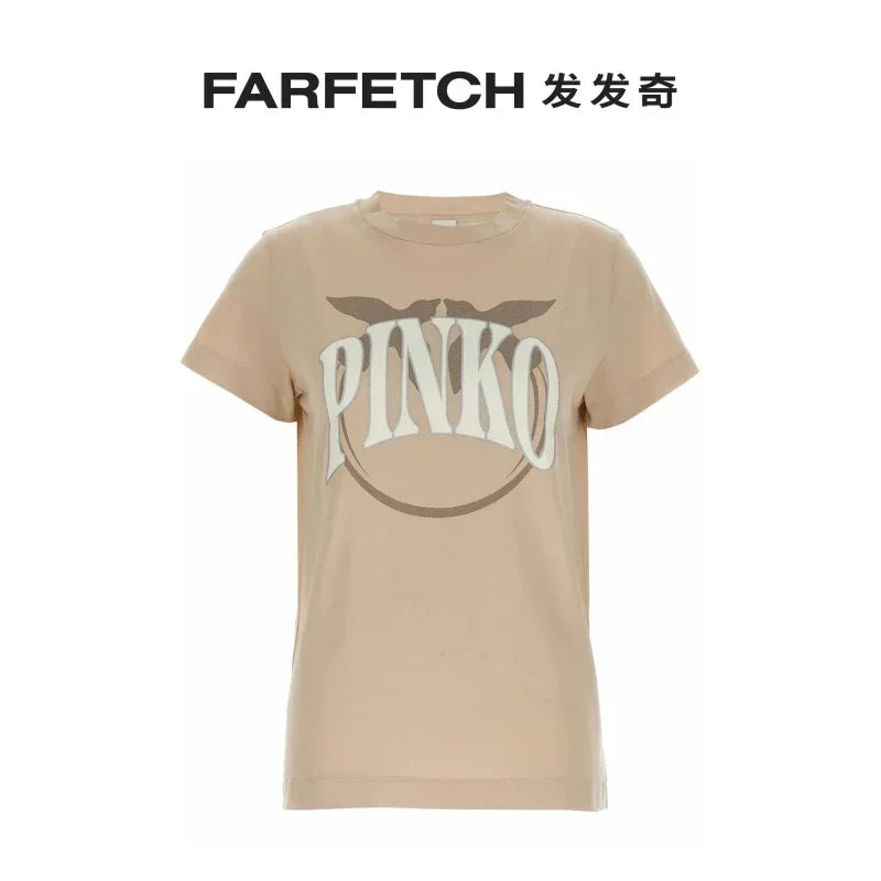 Pinko T-shirt Pattern Text Printing T-shirt, Summer Luxury Brand Pure Cotton T-shirt for Women Short Sleeves women clothes