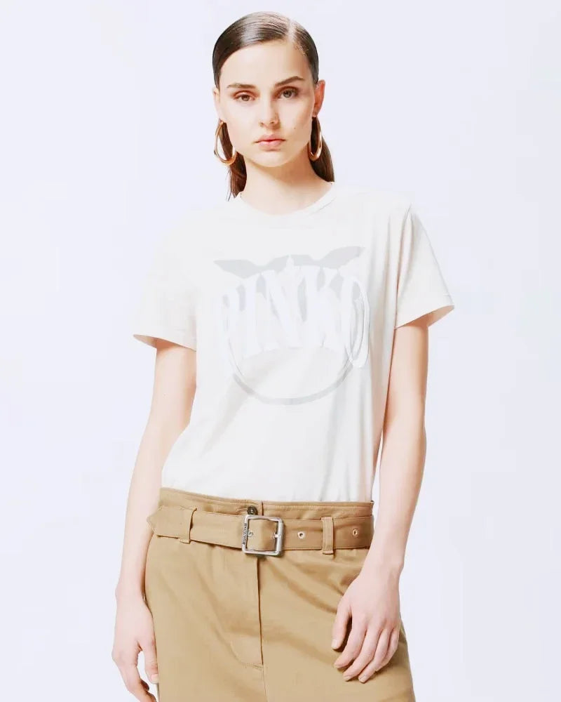 Pinko T-shirt Pattern Text Printing T-shirt, Summer Luxury Brand Pure Cotton T-shirt for Women Short Sleeves women clothes