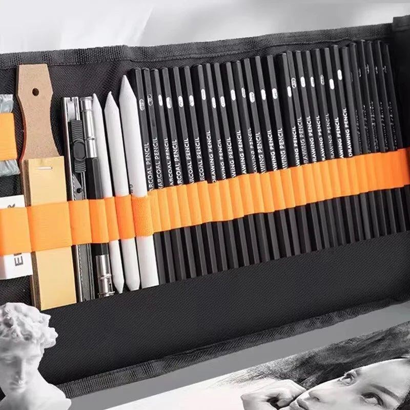 48Pcs Drawing Kit Sketching Pencils Set,Portable Pen Curtain-Charcoal Pencils, Sketch Pencils, Charcoal Stick,Sharpener,Eraser