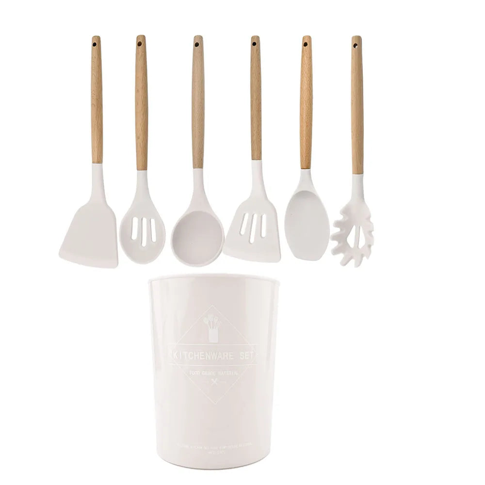 Silicone Kitchenware Cooking Utensils Set Non-stick Cookware Spatula Shovel Egg Beaters Wooden Handle Kitchen Cooking Tool Set