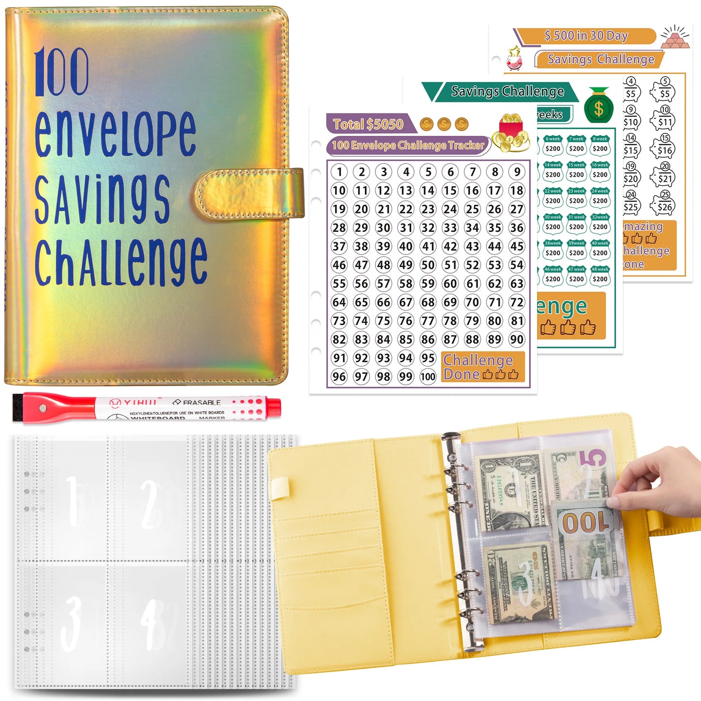 100 Envelope Challenge Binder Easy and Fun Way to Save Savings Challenges Binder Budget Binder with Cash Envelopes