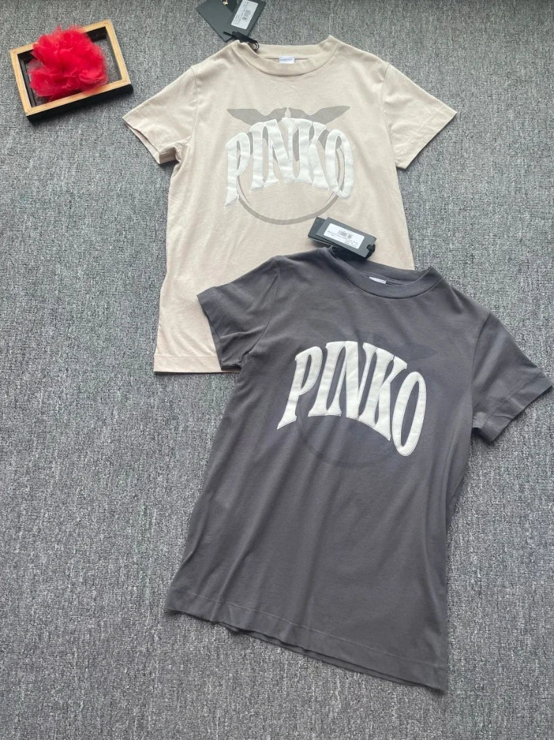 Pinko T-shirt Pattern Text Printing T-shirt, Summer Luxury Brand Pure Cotton T-shirt for Women Short Sleeves women clothes