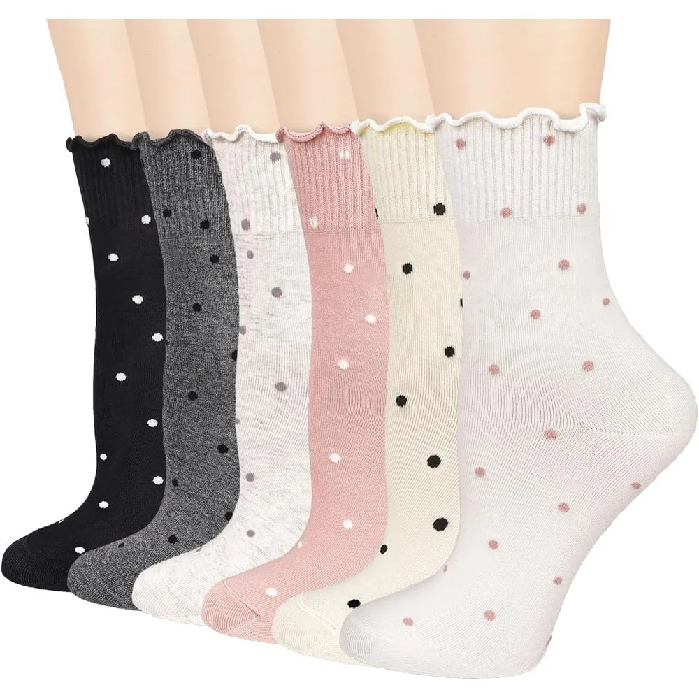 6 Pairs Women's Ruffle Socks,Casual Ankle Breathable Cool Knit Cotton Cute Polka Dot Dress Crew Socks