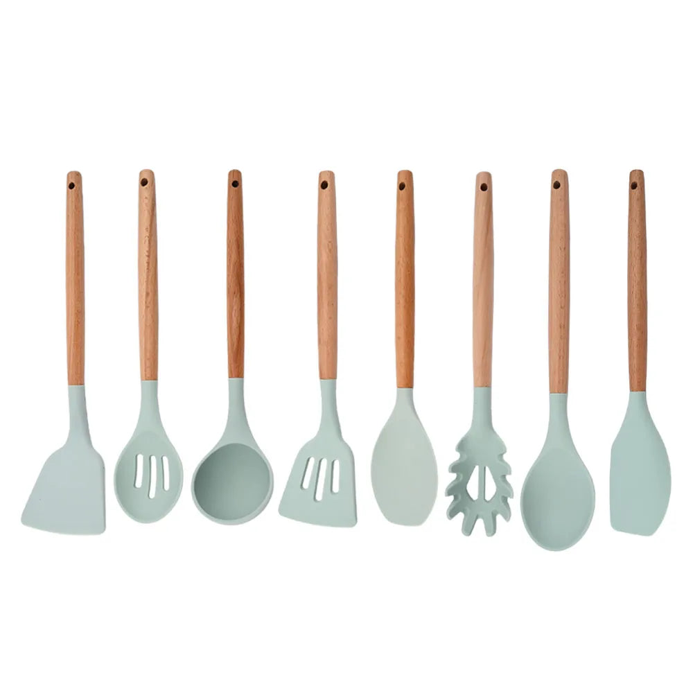 Silicone Kitchenware Cooking Utensils Set Non-stick Cookware Spatula Shovel Egg Beaters Wooden Handle Kitchen Cooking Tool Set