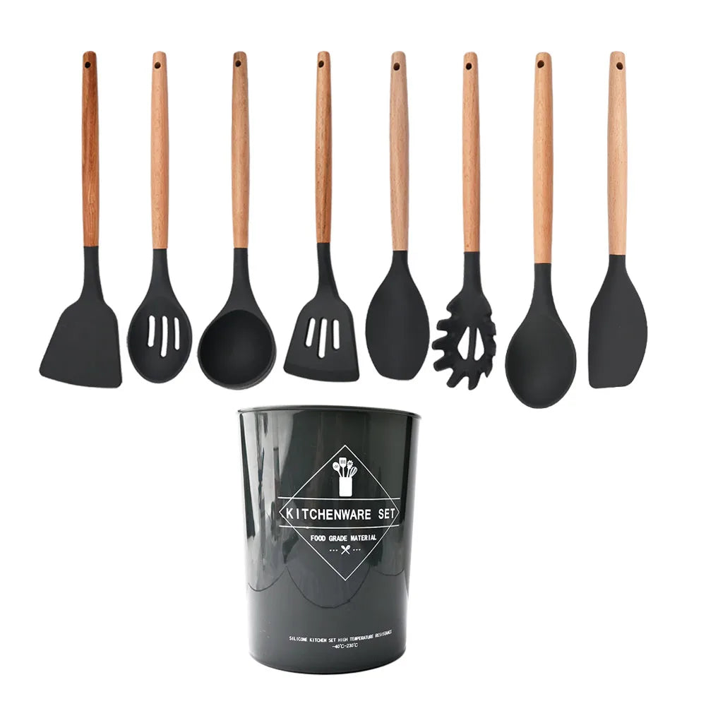 Silicone Kitchenware Cooking Utensils Set Non-stick Cookware Spatula Shovel Egg Beaters Wooden Handle Kitchen Cooking Tool Set