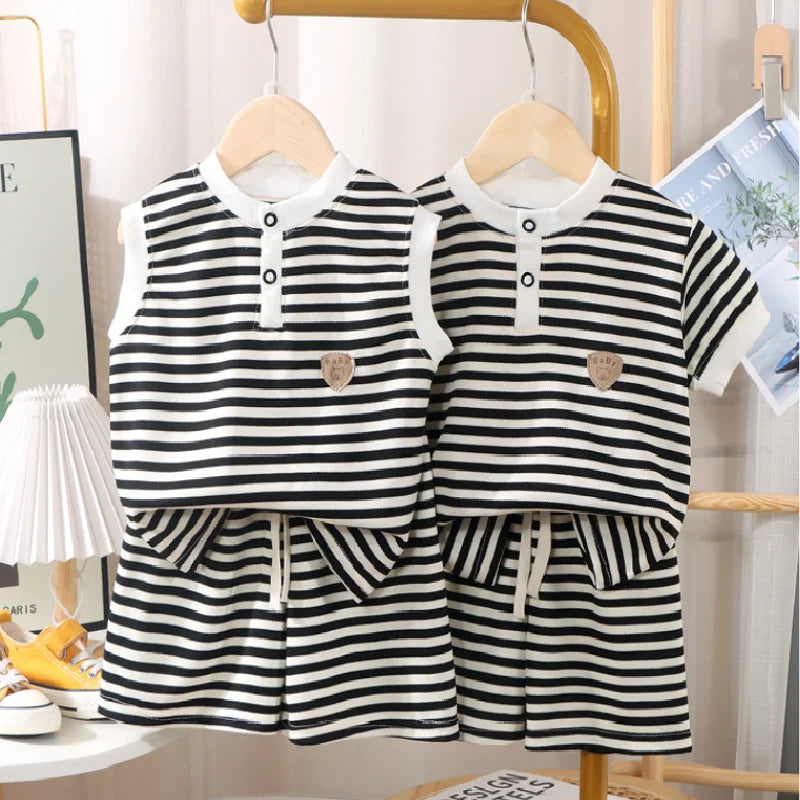 Boys Girls Stripes Clothing Sets Summer Kids Short Sleeve Tops+Shorts 2Pcs Suits Fashion Casual Outfits Children Clothes 1-10 Y