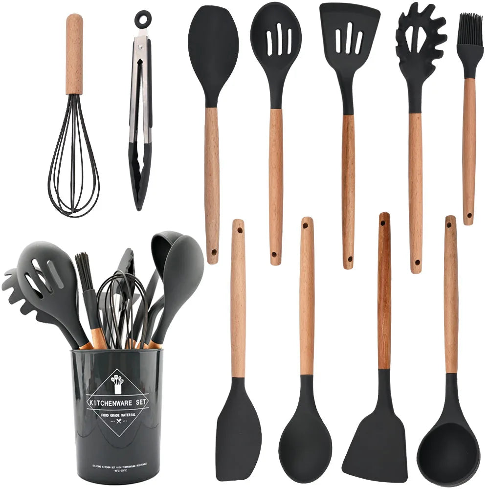 Silicone Kitchenware Cooking Utensils Set Non-stick Cookware Spatula Shovel Egg Beaters Wooden Handle Kitchen Cooking Tool Set