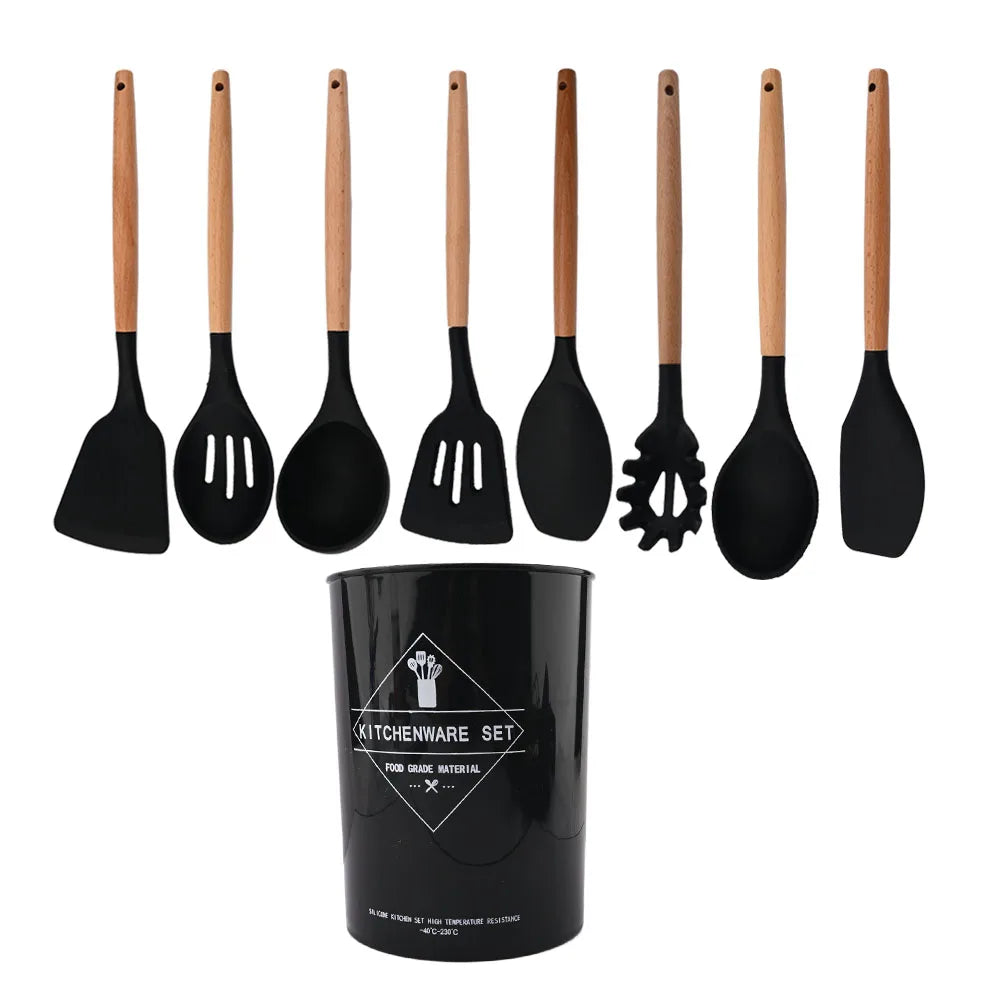Silicone Kitchenware Cooking Utensils Set Non-stick Cookware Spatula Shovel Egg Beaters Wooden Handle Kitchen Cooking Tool Set
