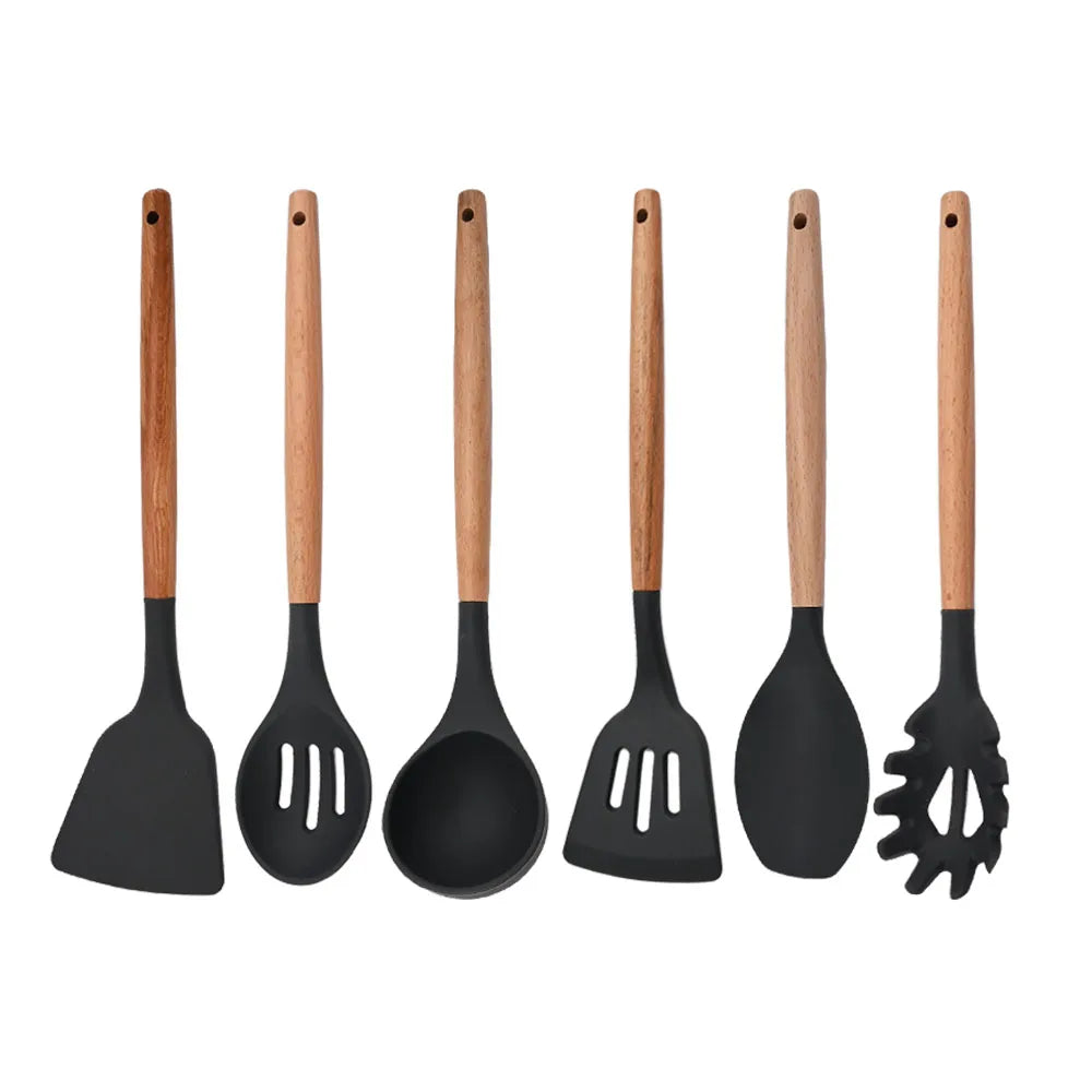 Silicone Kitchenware Cooking Utensils Set Non-stick Cookware Spatula Shovel Egg Beaters Wooden Handle Kitchen Cooking Tool Set