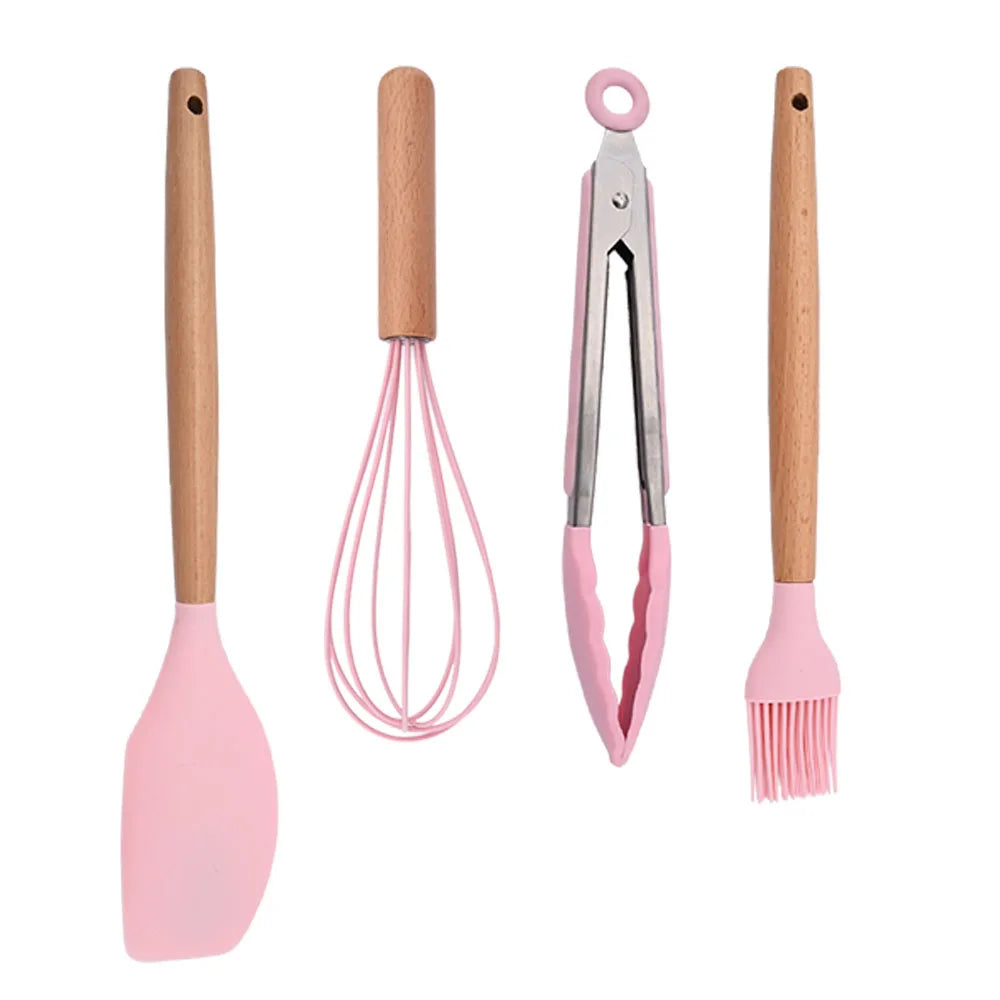 Silicone Kitchenware Cooking Utensils Set Non-stick Cookware Spatula Shovel Egg Beaters Wooden Handle Kitchen Cooking Tool Set