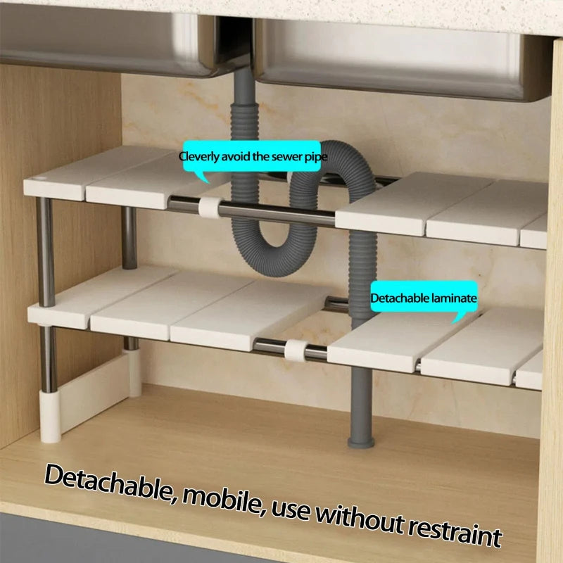 Kitchen Rack Retractable Under Sink Shelf Cabinet 2 Layer Multipurpose Pot Rack Cabinet Layered Storage Rack Bathroom Organizer