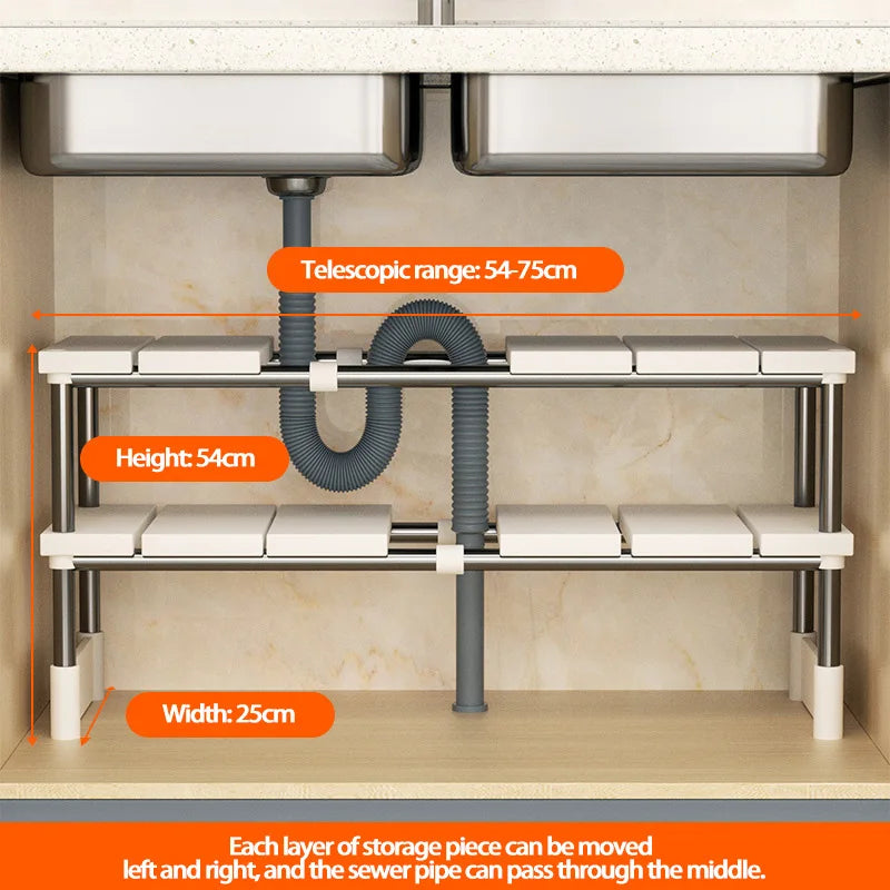 Kitchen Rack Retractable Under Sink Shelf Cabinet 2 Layer Multipurpose Pot Rack Cabinet Layered Storage Rack Bathroom Organizer