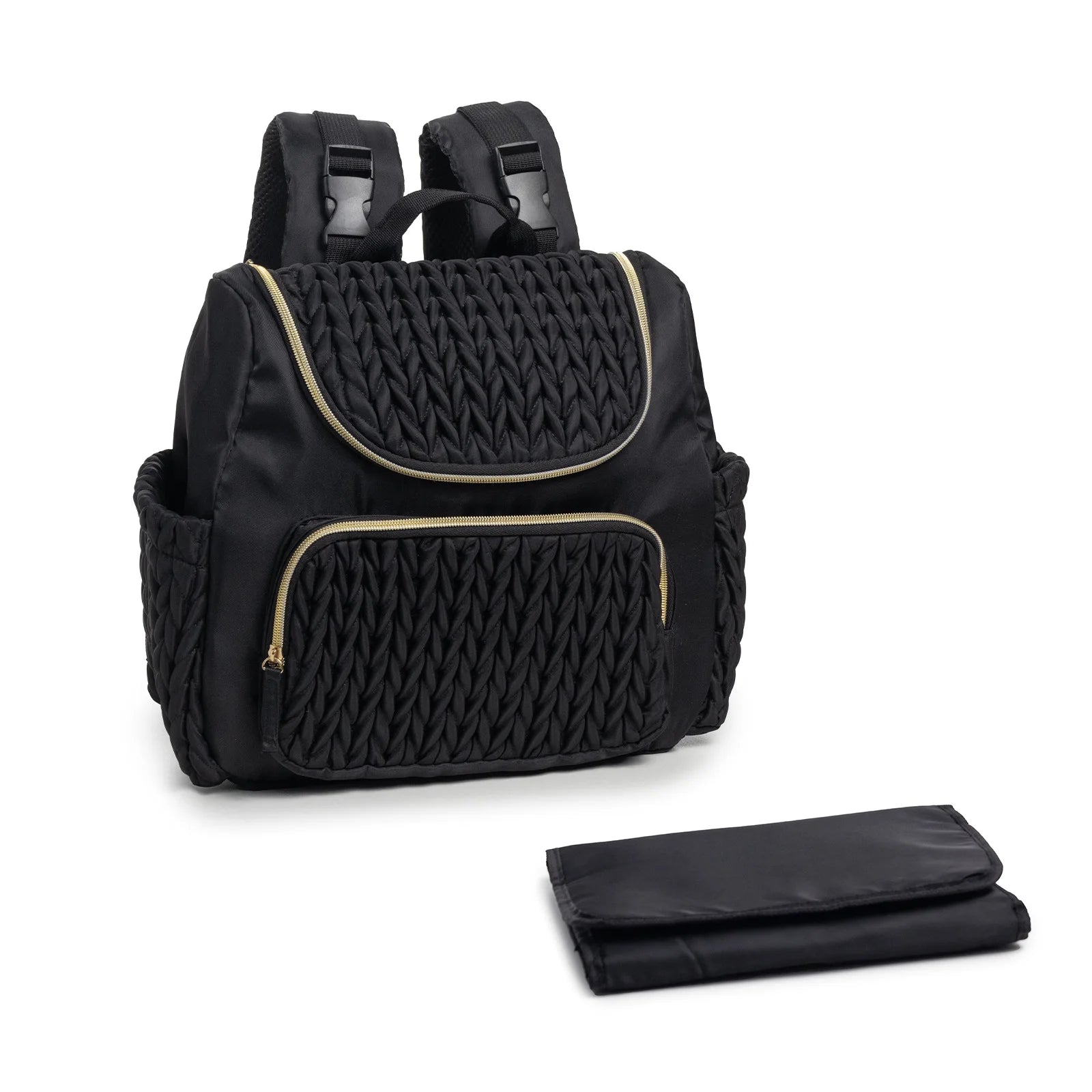 Black quilted backpack with a folded black mat on a white background