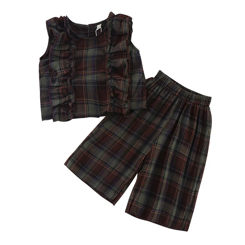 Family Outfits Summer Boys O-neck Vest and Plaid Shorts Girls Ruffle Tops+Loose Wide Leg Pants Brother and Sisters Clothing