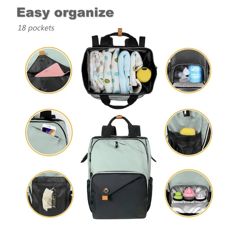 Diaper Bag Backpack,Large Capacity Travel Back Pack Maternity Baby Nappy Changing Bags, Double Compartments with Strolle