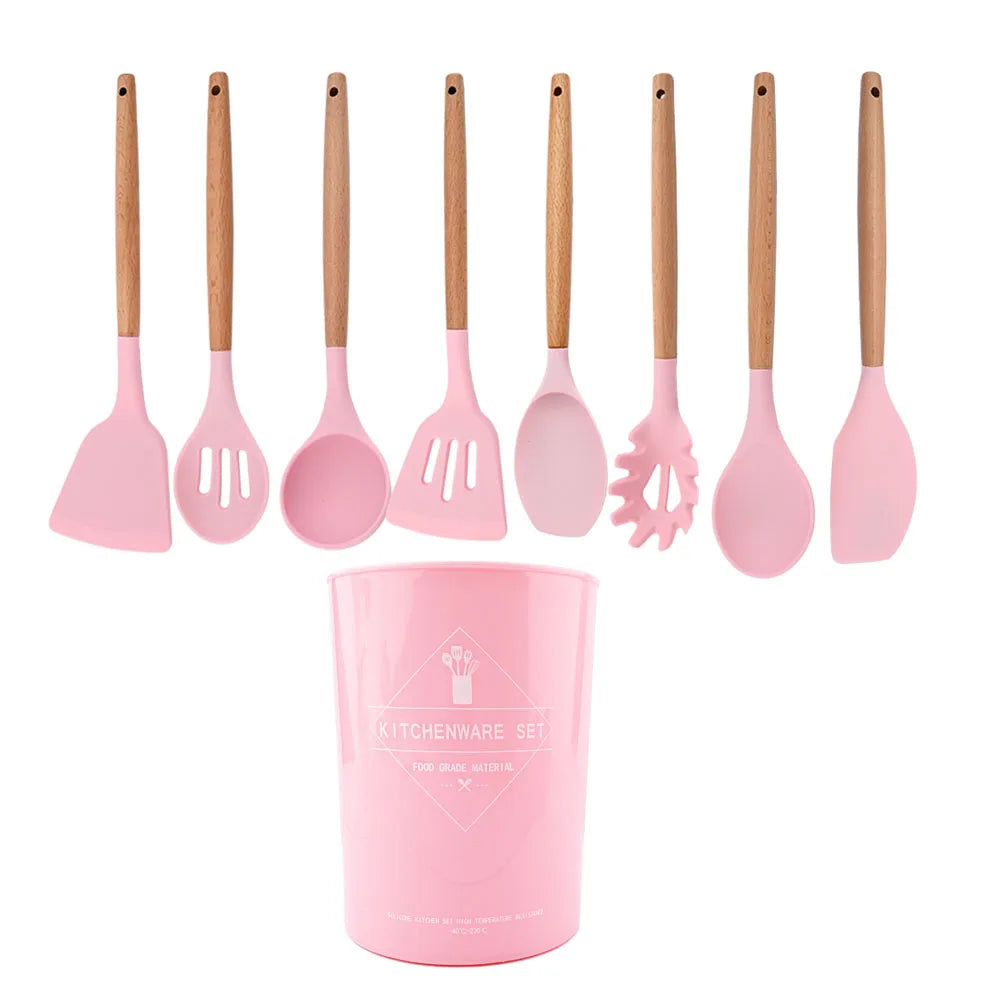 Silicone Kitchenware Cooking Utensils Set Non-stick Cookware Spatula Shovel Egg Beaters Wooden Handle Kitchen Cooking Tool Set