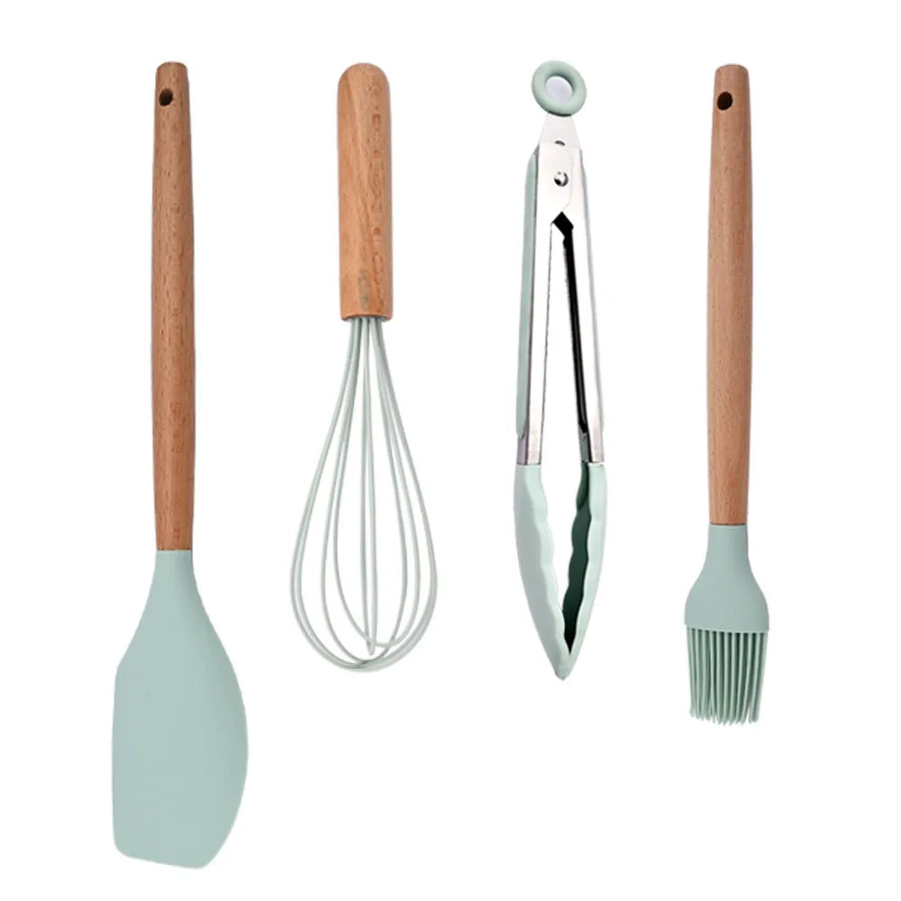 Silicone Kitchenware Cooking Utensils Set Non-stick Cookware Spatula Shovel Egg Beaters Wooden Handle Kitchen Cooking Tool Set