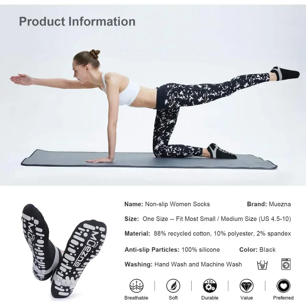Non Slip Yoga Socks for Women, Anti-Skid Pilates, Barre, Hospital Socks with Grips, Size 5-10