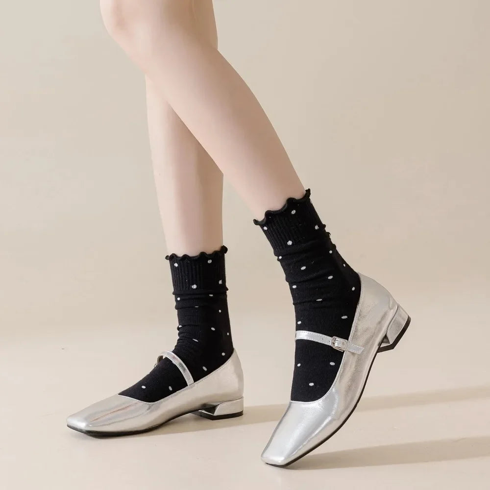 6 Pairs Women's Ruffle Socks,Casual Ankle Breathable Cool Knit Cotton Cute Polka Dot Dress Crew Socks
