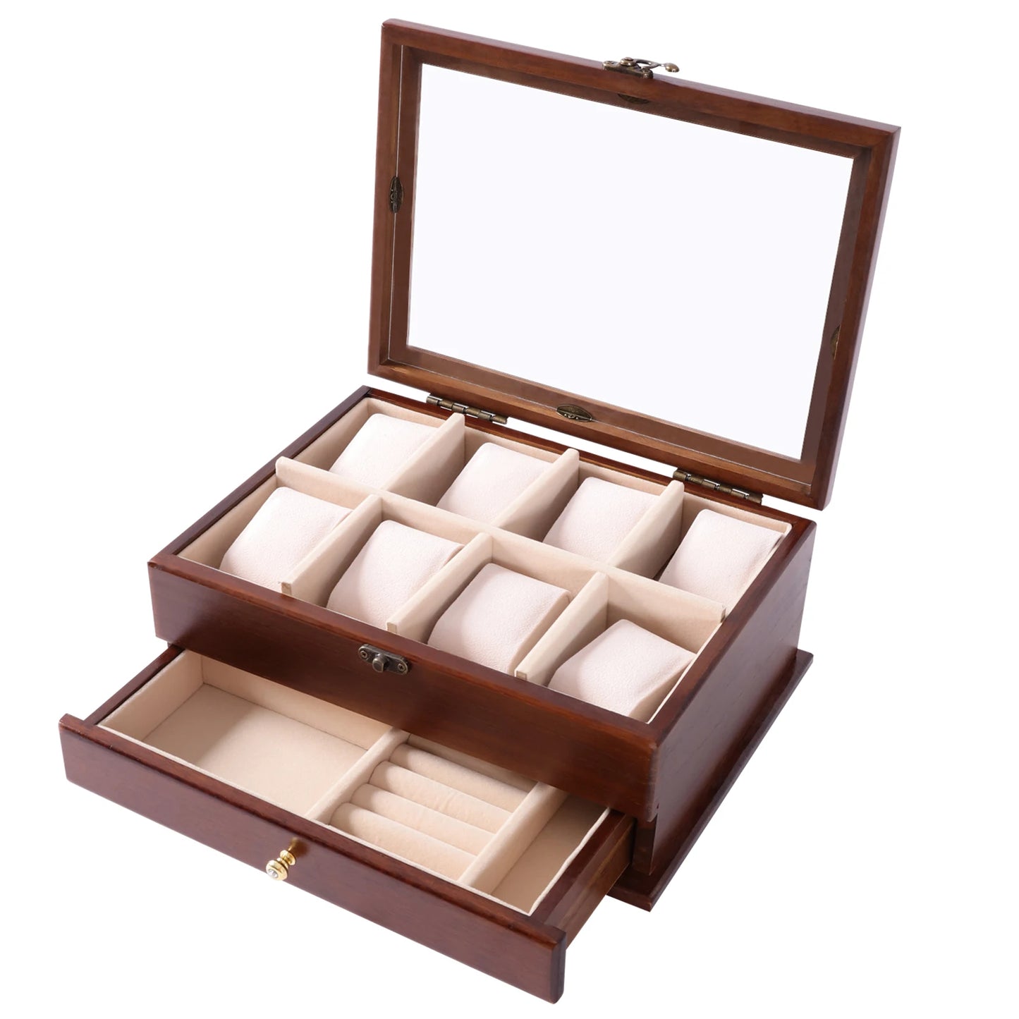 2-Layer Wooden Watch Box, 8-Slot Solid Wood Watch Box, Vintage Brown Storage Display Case for Watch, Sunglasses, Rings, Bracelet
