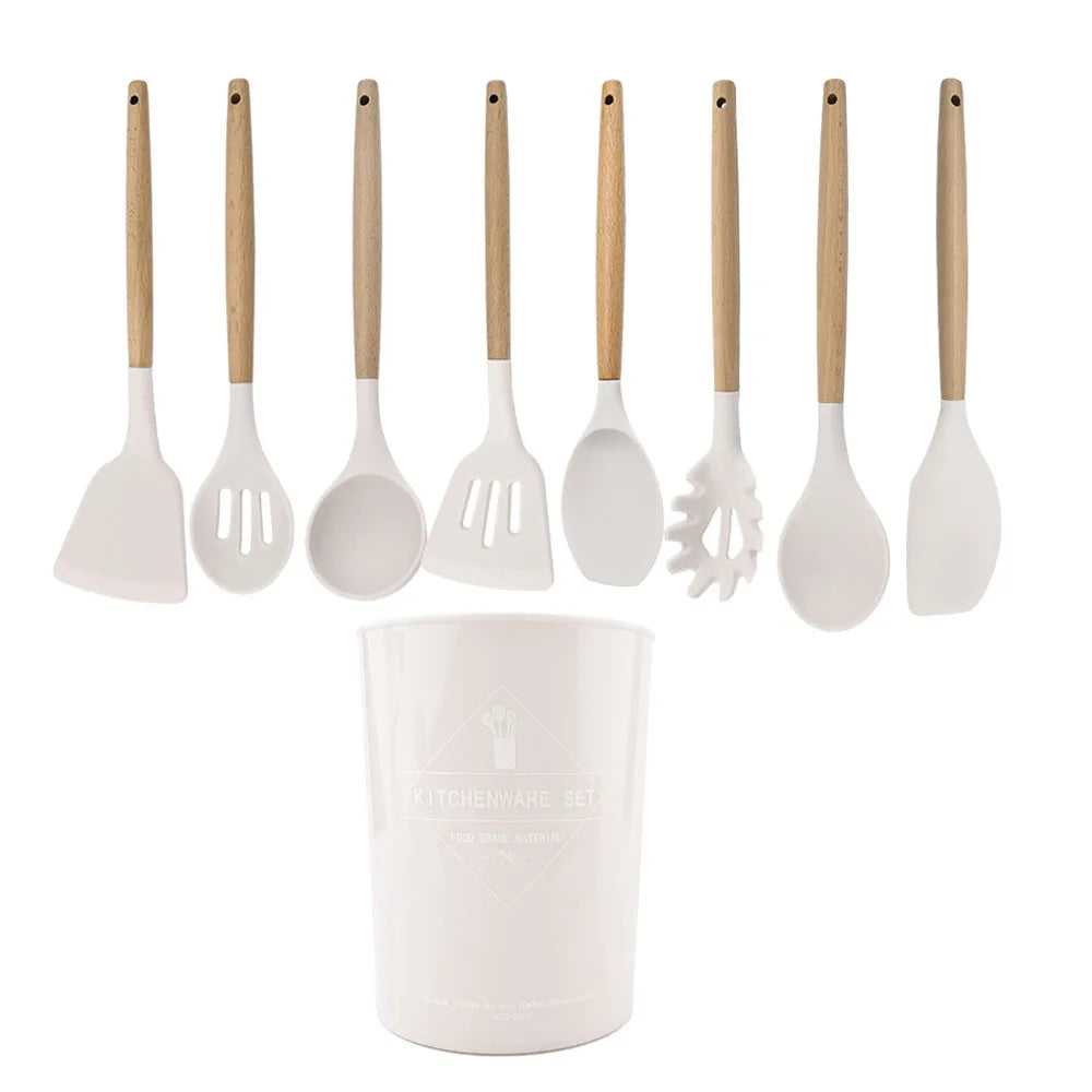 Silicone Kitchenware Cooking Utensils Set Non-stick Cookware Spatula Shovel Egg Beaters Wooden Handle Kitchen Cooking Tool Set
