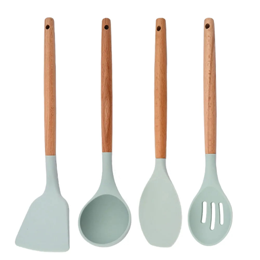 Silicone Kitchenware Cooking Utensils Set Non-stick Cookware Spatula Shovel Egg Beaters Wooden Handle Kitchen Cooking Tool Set