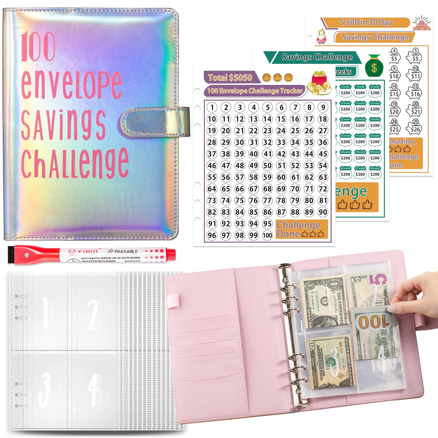 100 Envelope Challenge Binder Easy and Fun Way to Save Savings Challenges Binder Budget Binder with Cash Envelopes