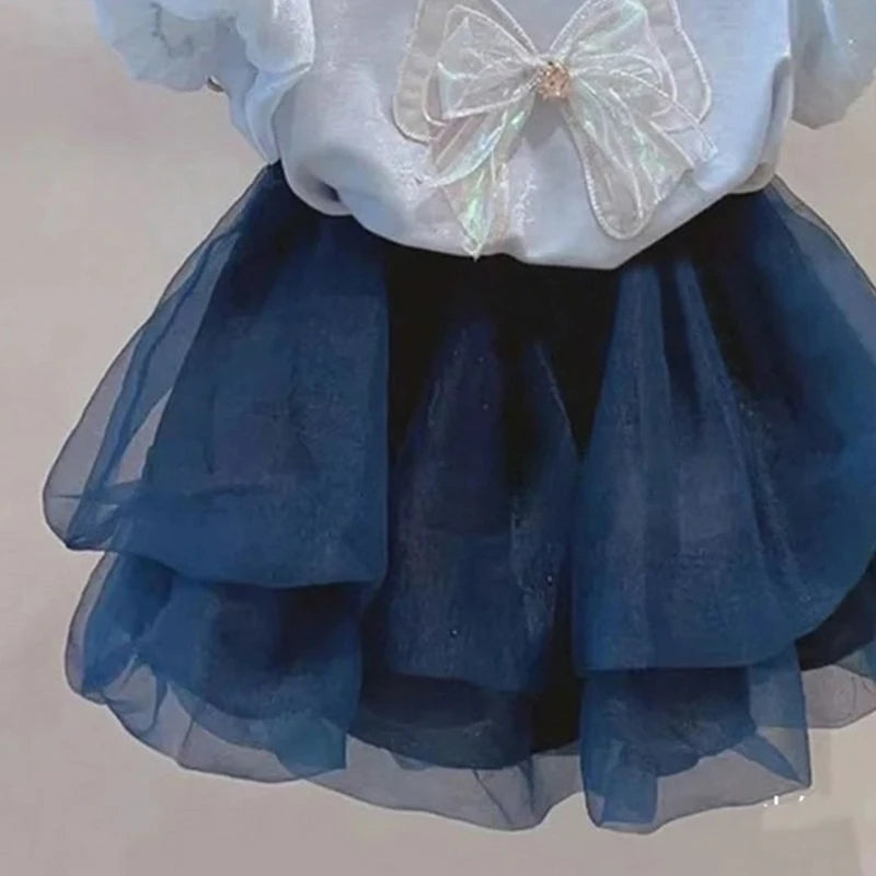 Children's Clothing Sets Summer Girls' Bubble Sleeve T-shirt Bow Top+ Baby Mesh Half Skirt Two Piece Set For Kids