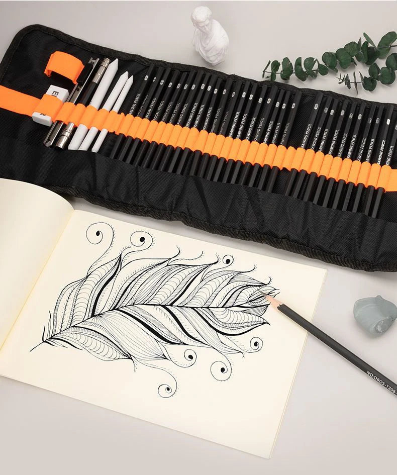 48Pcs Drawing Kit Sketching Pencils Set,Portable Pen Curtain-Charcoal Pencils, Sketch Pencils, Charcoal Stick,Sharpener,Eraser