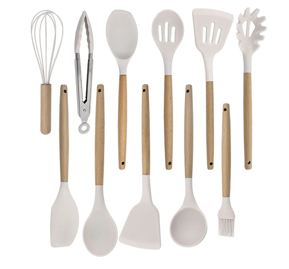 Silicone Kitchenware Cooking Utensils Set Non-stick Cookware Spatula Shovel Egg Beaters Wooden Handle Kitchen Cooking Tool Set
