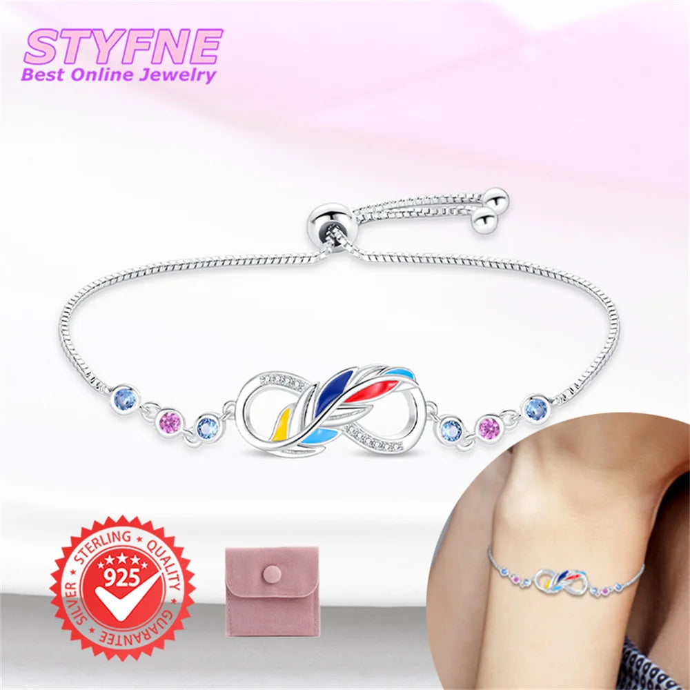 Women S925 Sterling Silver Colorful feather Bracelet Adjustable Bracelet Jewelry Anniversary and Birthday Gifts for Wife Girls