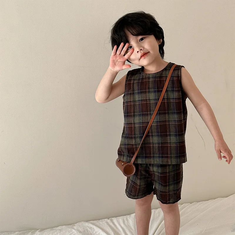 Family Outfits Summer Boys O-neck Vest and Plaid Shorts Girls Ruffle Tops+Loose Wide Leg Pants Brother and Sisters Clothing