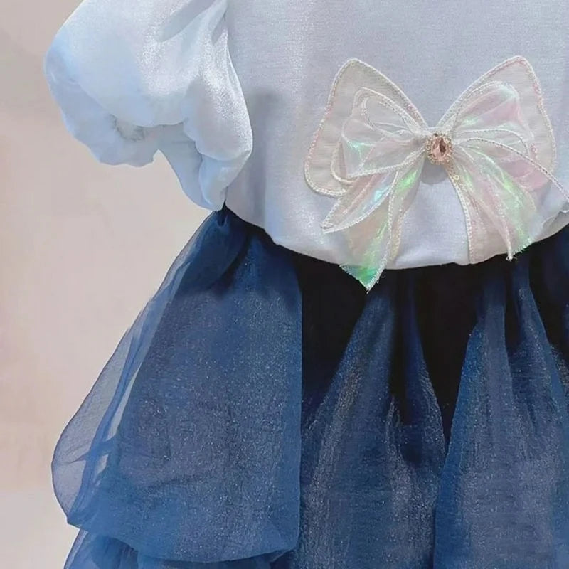 Children's Clothing Sets Summer Girls' Bubble Sleeve T-shirt Bow Top+ Baby Mesh Half Skirt Two Piece Set For Kids