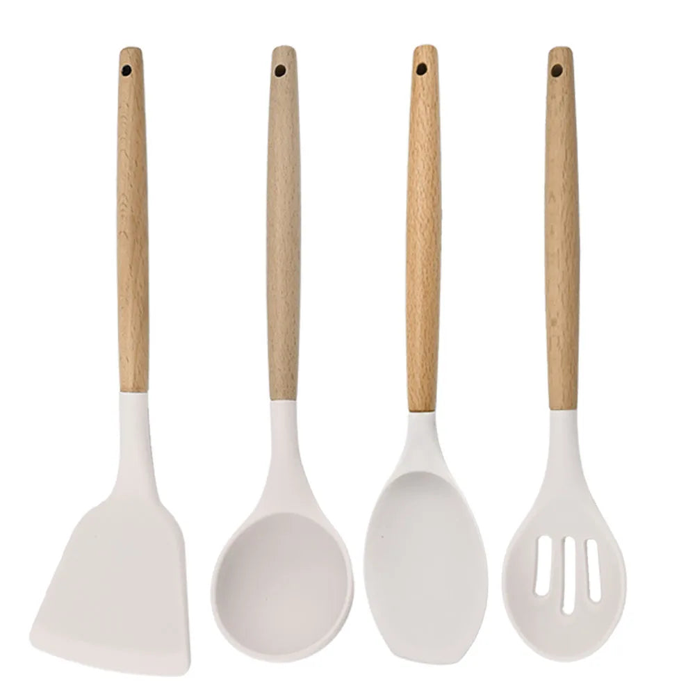 Silicone Kitchenware Cooking Utensils Set Non-stick Cookware Spatula Shovel Egg Beaters Wooden Handle Kitchen Cooking Tool Set