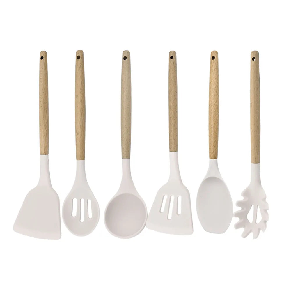 Silicone Kitchenware Cooking Utensils Set Non-stick Cookware Spatula Shovel Egg Beaters Wooden Handle Kitchen Cooking Tool Set