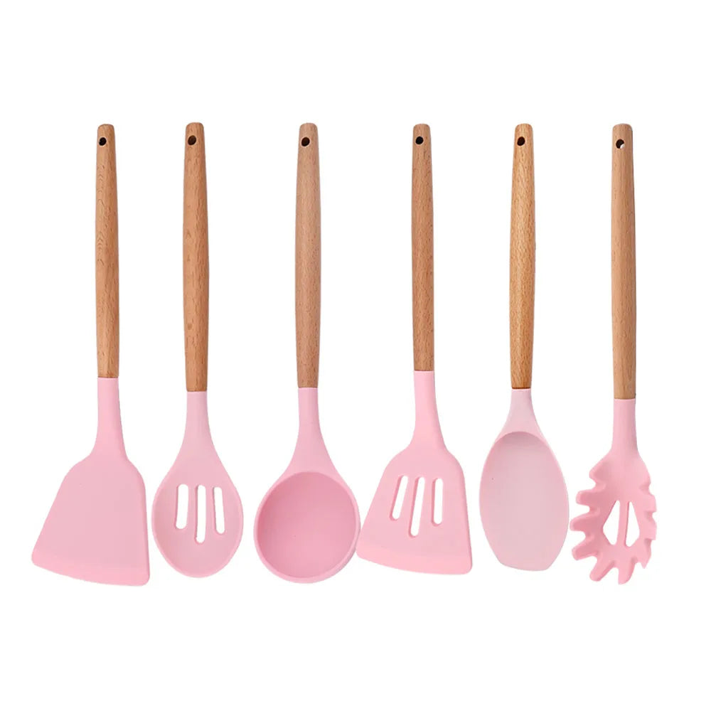 Silicone Kitchenware Cooking Utensils Set Non-stick Cookware Spatula Shovel Egg Beaters Wooden Handle Kitchen Cooking Tool Set
