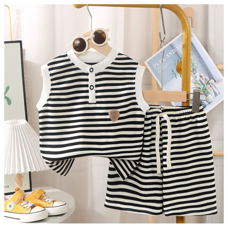 Boys Girls Stripes Clothing Sets Summer Kids Short Sleeve Tops+Shorts 2Pcs Suits Fashion Casual Outfits Children Clothes 1-10 Y