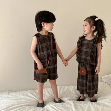 Family Outfits Summer Boys O-neck Vest and Plaid Shorts Girls Ruffle Tops+Loose Wide Leg Pants Brother and Sisters Clothing