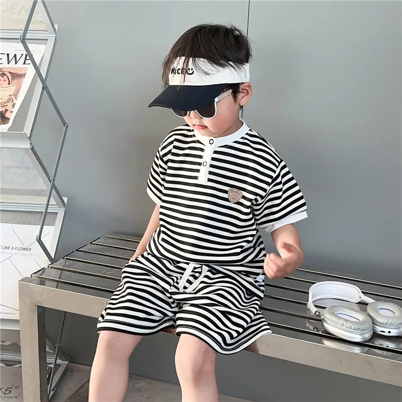 Boys Girls Stripes Clothing Sets Summer Kids Short Sleeve Tops+Shorts 2Pcs Suits Fashion Casual Outfits Children Clothes 1-10 Y