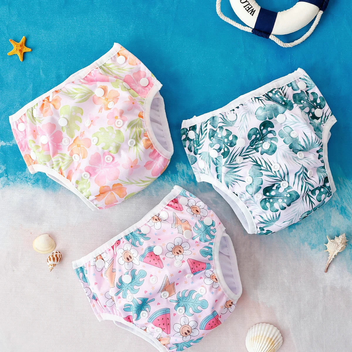 HappyFlute 3pcs Tropical Vacation Summer Print Reusable Adjustable Cloth Diapers Swimming Pool Pant Washable Nappy Cover