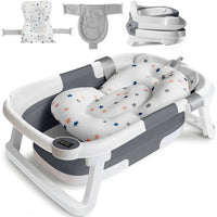 Baby Bath Tub with Bath Cushion Foldable Bathtub with Thermometer Shower Cap Shower Brush for Newborn and Toddler 0-36 Months