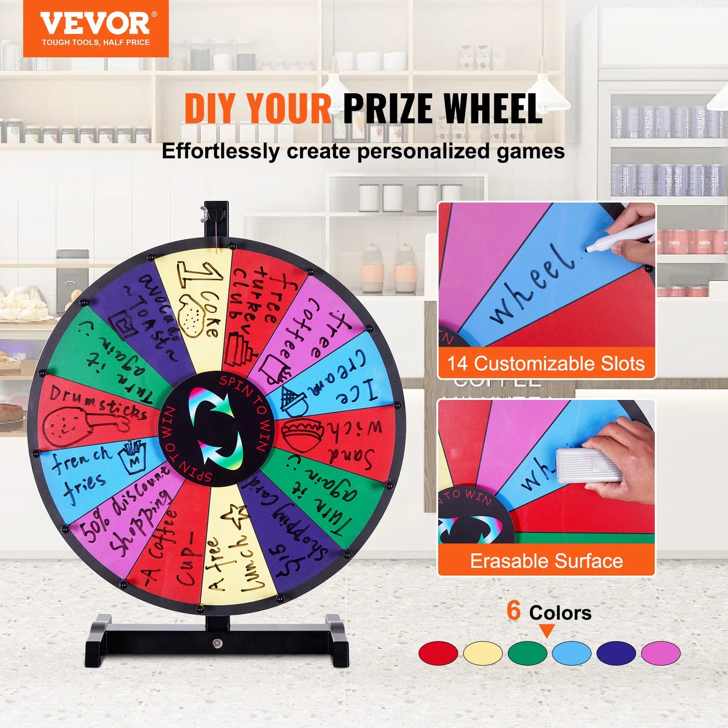 SucceBuy 18/24/36 inch Spinning Prize Wheel 14 Slots Spinning Wheel Tabletop  Floor Standing Win Fortune Spin Games in Party Pub