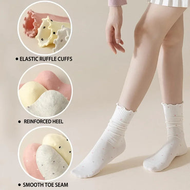 6 Pairs Women's Ruffle Socks,Casual Ankle Breathable Cool Knit Cotton Cute Polka Dot Dress Crew Socks