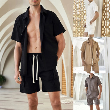 Button Down Shirts Beach Outfits Mens' Two Piece Set Short Sleeve Casual Cardigan And Shorts Two-Piece Suit Male Summer Clothes