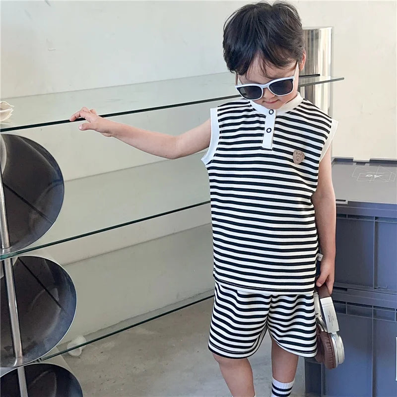 Boys Girls Stripes Clothing Sets Summer Kids Short Sleeve Tops+Shorts 2Pcs Suits Fashion Casual Outfits Children Clothes 1-10 Y