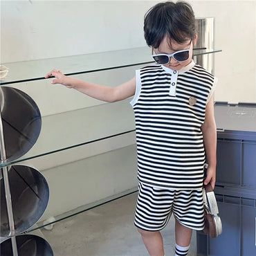 Boys Girls Stripes Clothing Sets Summer Kids Short Sleeve Tops+Shorts 2Pcs Suits Fashion Casual Outfits Children Clothes 1-10 Y