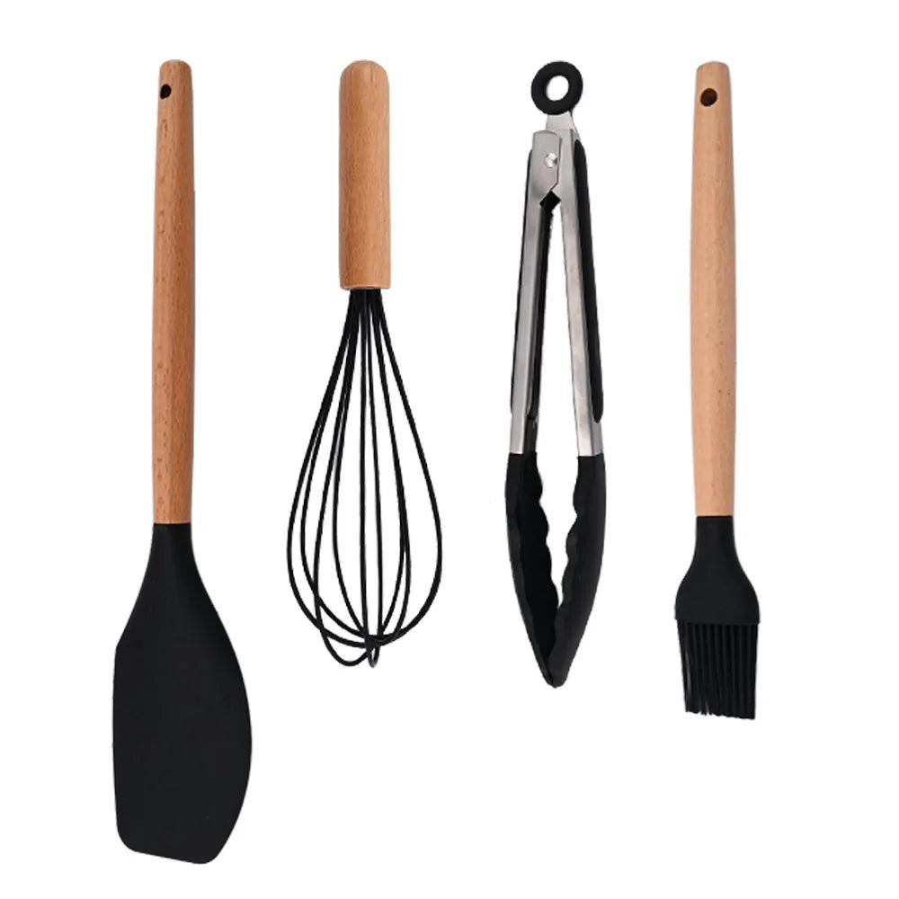 Silicone Kitchenware Cooking Utensils Set Non-stick Cookware Spatula Shovel Egg Beaters Wooden Handle Kitchen Cooking Tool Set
